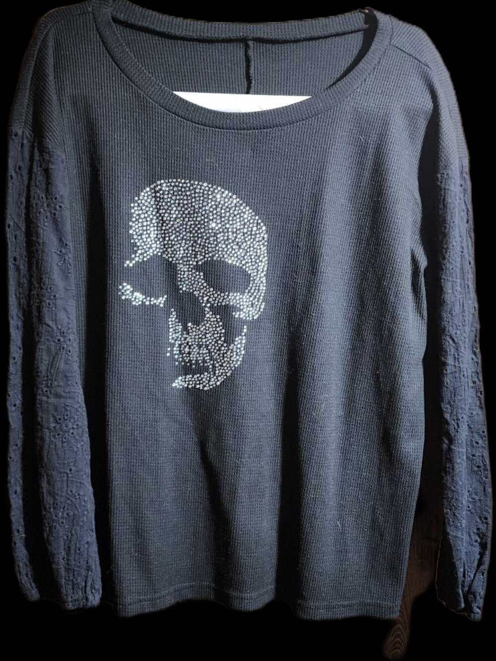 Black Waffle Knit Long Sleeve Top with Rhinestone Skull & Eyelet Sleeves